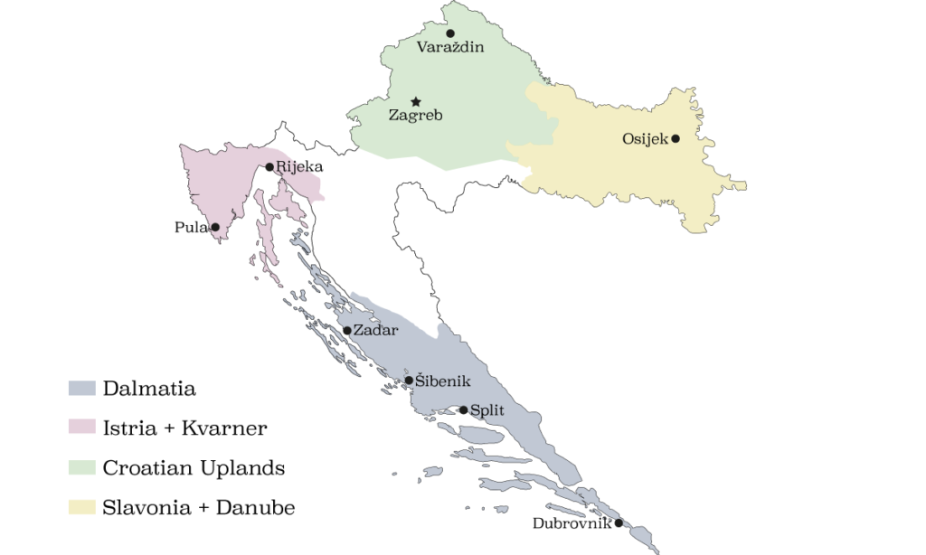 Map of the 4 main wine regions of Croatia